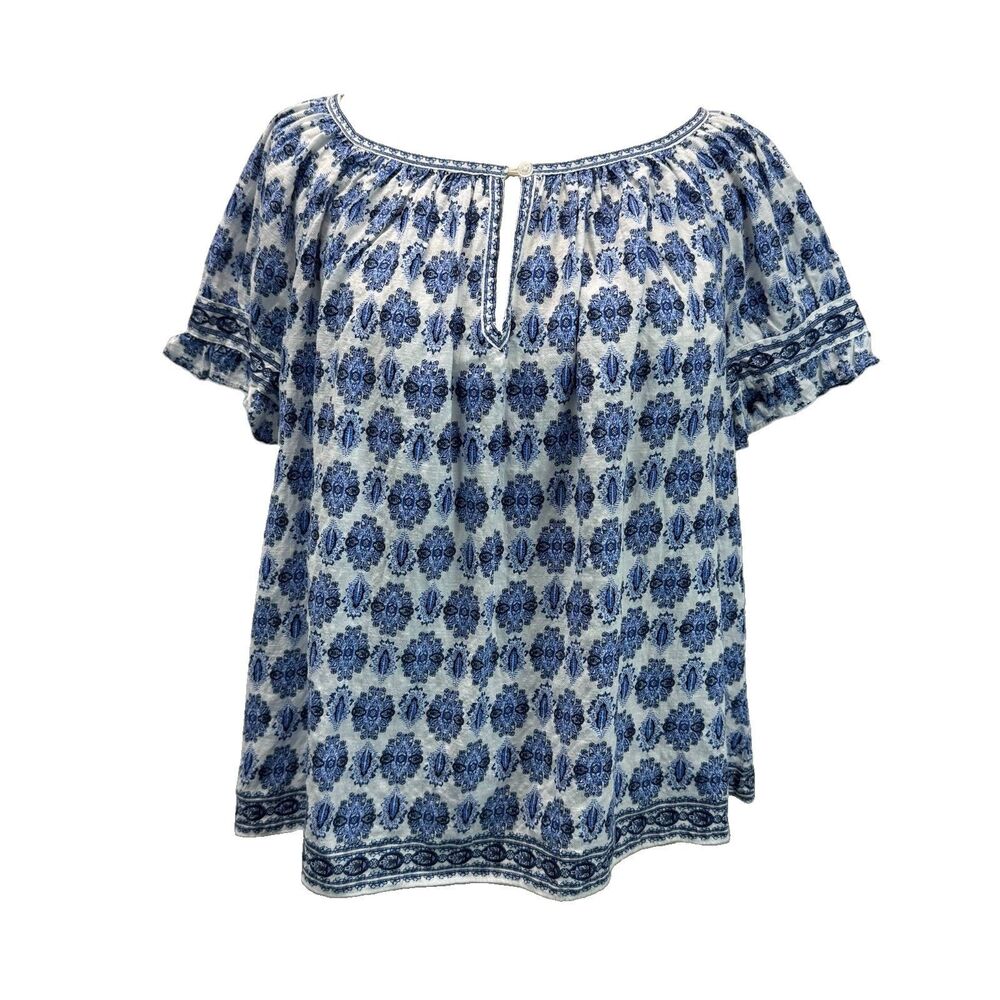 Max Studio Blue White Paisley Floral Peasant Blouse Boho Top M Boxy Oversized
